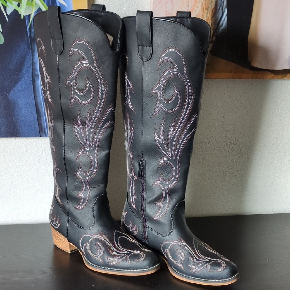 Dream Pairs Black and White/Brown Embroidered Knee High Boots